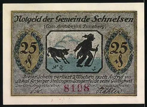 Notgeld Schnelsen, 25 Pfennig, Darstellung einer Halle und eines Wanderers mit Hund, 8198