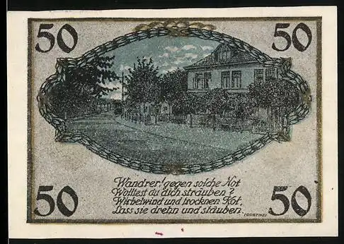 Notgeld Schnelsen, 50 Pfennig, Wanderer mit Ziege und Gebäude, 1920, Amtsbezirk Pinneberg