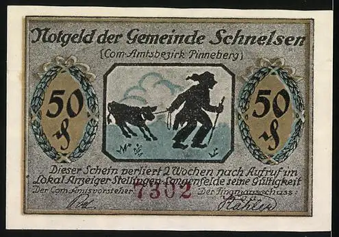 Notgeld Schnelsen, 50 Pfennig, Wanderer mit Ziege und Gebäude, 1920, Amtsbezirk Pinneberg