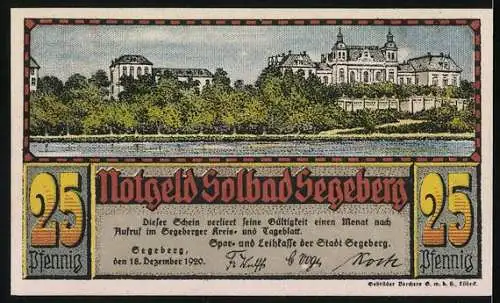 Notgeld Solbad Segeberg 1920, 25 Pfennig, rotes Turmgebäude und Landschaftsansicht