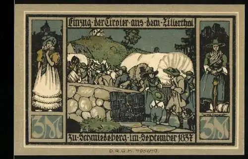 Notgeld Schmiedeberg 1921, 3 Mark, Einzug der Tiroler aus dem Zillertal in Schmiedeberg im September 1837