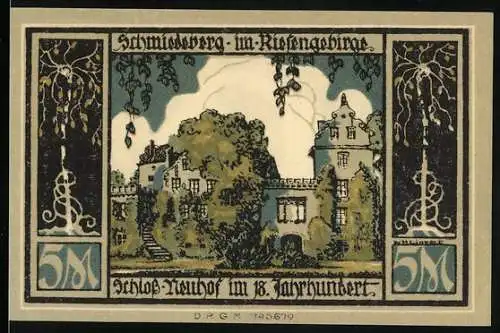 Notgeld Schmiedeberg 1921, 5 Mark, Schloss Neundorf im 18. Jahrhundert und Denkmalsssturz