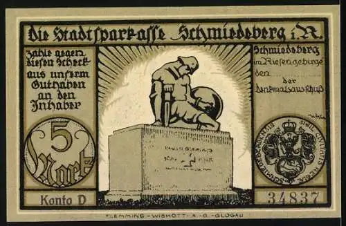 Notgeld Schmiedeberg 1921, 5 Mark, Schloss Neundorf im 18. Jahrhundert und Denkmalsssturz