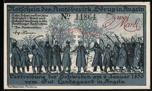 Notgeld Sörup 1850, 2 Mark, Vertreibung der Schweden und Kampf um Deutschtum