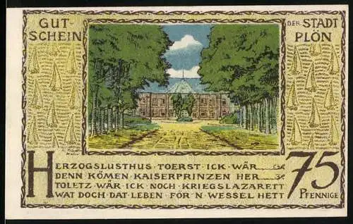 Notgeld Plön, 1921, 75 Pfennige, Herzogslusthus und Prinzenfarm