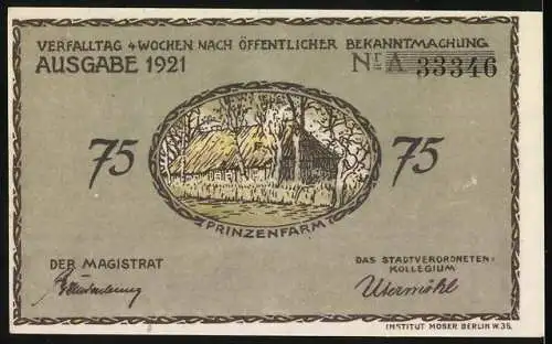 Notgeld Plön, 1921, 75 Pfennige, Herzogslusthus und Prinzenfarm