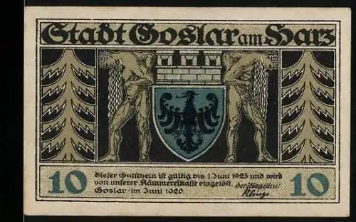 Notgeld Goslar am Harz, 1920, 10 Pfennig, Stadtwappen und Skulptur