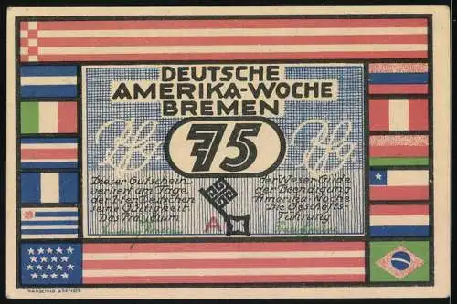 Notgeld Bremen, Frühjahr 1923, 75 Pfennig, Deutsche Amerika-Woche, Hafenansicht Bremerhaven