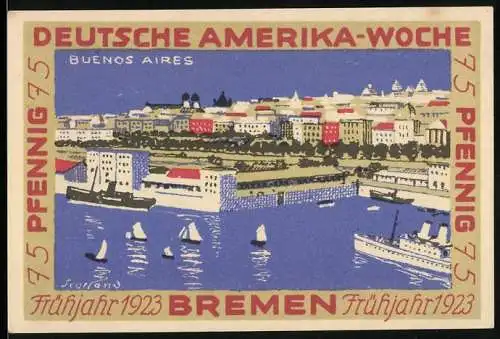 Notgeld Bremen 1923, 75 Pfennig, Deutsche Amerika-Woche Buenos Aires, Frühjahrsmesse, Schiffe und Stadtansicht