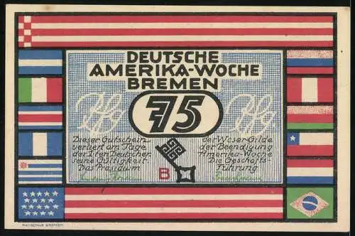 Notgeld Bremen 1923, 75 Pfennig, Deutsche Amerika-Woche Buenos Aires, Frühjahrsmesse, Schiffe und Stadtansicht