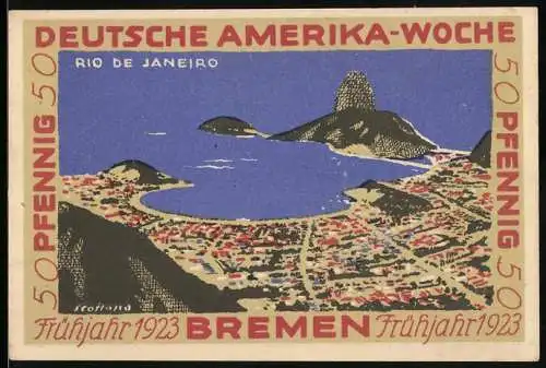 Notgeld Bremen, 1923, 50 Pfennig, Deutsche Amerika-Woche mit Rio de Janeiro Motiv und internationalen Flaggen