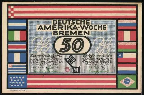 Notgeld Bremen, 1923, 50 Pfennig, Deutsche Amerika-Woche mit Rio de Janeiro Motiv und internationalen Flaggen