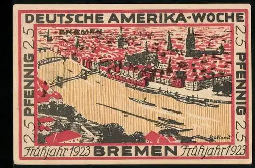 Notgeld Bremen 1923, 25 Pfennig, Deutsche Amerika-Woche mit Stadtansicht und Flaggen