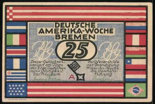 Notgeld Bremen 1923, 25 Pfennig, Deutsche Amerika-Woche mit Stadtansicht und Flaggen