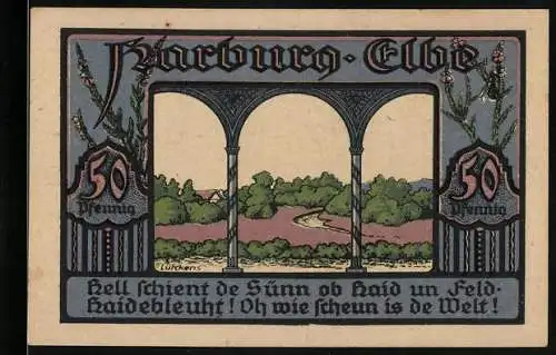 Notgeld Harburg - Elbe 1921, 50 Pfennig, Landschaftsmotiv mit Gebäude der Kreissparkasse