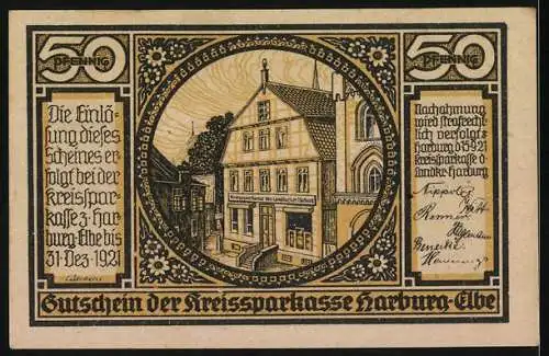 Notgeld Harburg - Elbe 1921, 50 Pfennig, Landschaftsmotiv mit Gebäude der Kreissparkasse