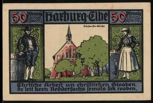 Notgeld Harburg - Elbe, 1921, 50 Pfennig, Sinstorfer Kirche und Gebäude der Kreissparkasse