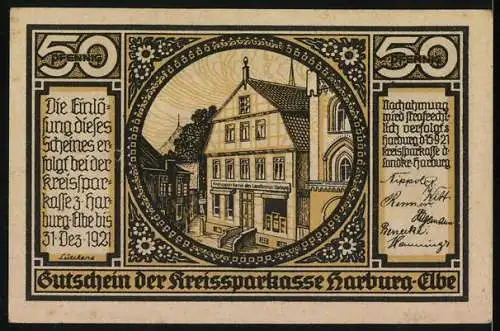 Notgeld Harburg - Elbe, 1921, 50 Pfennig, Sinstorfer Kirche und Gebäude der Kreissparkasse