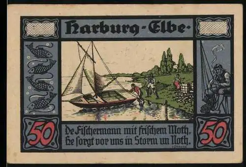 Notgeld Harburg - Elbe, 1921, 50 Pfennig, Fischerboot und Fachwerkhaus