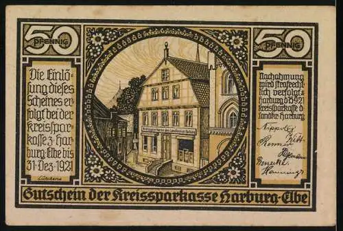 Notgeld Harburg - Elbe, 1921, 50 Pfennig, Fischerboot und Fachwerkhaus