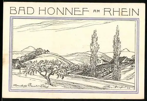 Notgeld Bad Honnef am Rhein, 1921, 50 Pfennige, Landschaft mit Bergen und Wappen im Zentrum