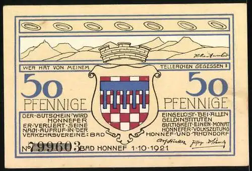 Notgeld Bad Honnef am Rhein, 1921, 50 Pfennige, Landschaft mit Bergen und Wappen im Zentrum