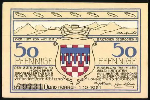 Notgeld Bad Honnef am Rhein, 1921, 50 Pfennige, Wappen und Landschaft Zeichnung