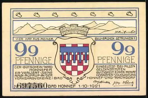 Notgeld Bad Honnef am Rhein, 1921, 99 Pfennig, Landschaft und Wappen, Seriennummer 697660