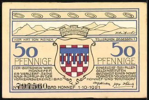 Notgeld Bad Honnef am Rhein, 1921, 50 Pfennige, Landschaftszeichnung und Stadtwappen