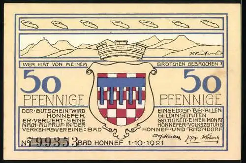 Notgeld Bad Honnef, 1921, 50 Pfennig, Landschaft und Stadtwappen mit Text und Seriennummer