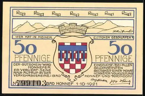 Notgeld Bad Honnef am Rhein 1921, 50 Pfennige, Strandbad Drachenfels-Szene und Stadtwappen