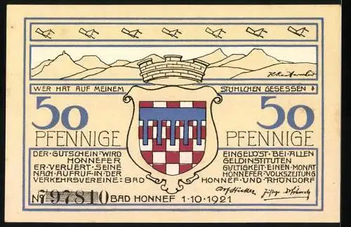 Notgeld Bad Honnef am Rhein, 1921, 50 Pfennige, Stadtansicht und Wappen mit Flugzeugen