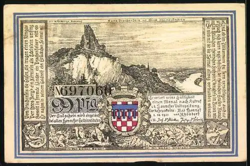 Notgeld Bad Honnef am Rhein, 1921, 50 Pfennig, Landschaft mit Rhein und Drachenfels, Wappen und Text