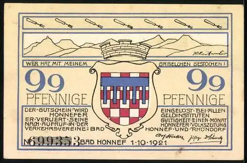 Notgeld Bad Honnef 1921, 99 Pfennige, Alte Kapelle und Dorfeingang, Wappen von Bad Honnef