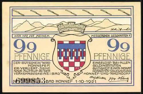 Notgeld Bad Honnef am Rhein, 1921, 99 Pfennig, Karl Simrock Haus und Wappen mit Landschaft