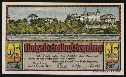 Notgeld Solbad Segeberg 1920, 25 Pfennig, roter Turm auf Vorderseite und Landschaft mit Gebäuden auf Rückseite