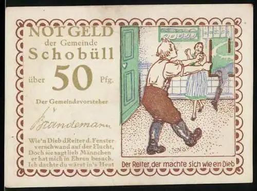 Notgeld Schobüll, 50 Pfennig, Illustration eines Reiters, der wie ein Dieb agiert, mit Gemeindevorsteher-Unterschrift