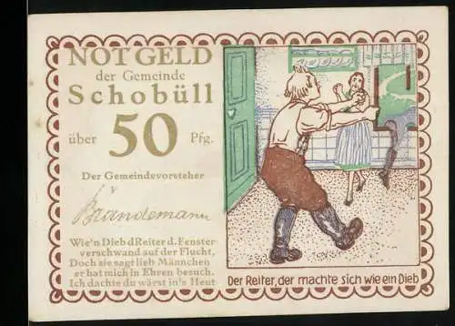 Notgeld Schobüll, 50 Pfennig, Der Reiter, der machte sich wie ein Dieb, 1921, Text und Bild eines Reiters