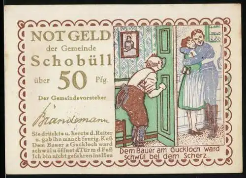 Notgeld Schobüll, 50 Pfennig, Darstellung einer humorvollen Szene mit Bauer und Reiter, Herz und Getreidebündel