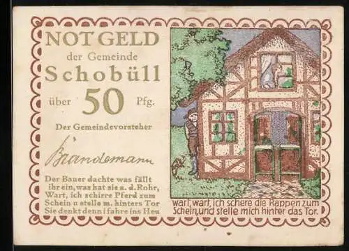 Notgeld Schobüll, 50 Pfennig, Fachwerkhaus mit Bauer und Spruch, Rückseite rote Verzierung mit Getreidebündel