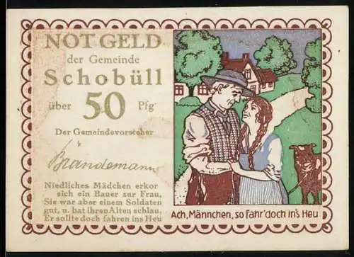 Notgeld Schobüll, 50 Pfennig, Liebespaar und Häuser im Hintergrund, Text auf Rückseite