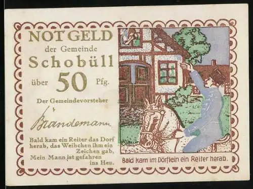 Notgeld Schobüll, 50 Pfennig, Reiter im Dorf vor Fachwerkhaus, orange Rückseite mit Herz und Getreidebündel