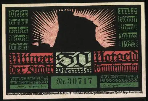 Notgeld Frankenhausen 1921, 50 Pfennig, Bauernaufstand und Burgsilhouette, Nr. 30717