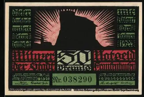 Notgeld Frankenhausen 1921, 50 Pfennig, Burg Silhouette und Tanzende Personen im Schattenbild