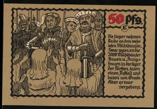 Notgeld Mühlhausen, 1921, 50 Pfennig, Illustration Bauernkrieg und Belagerungsszene