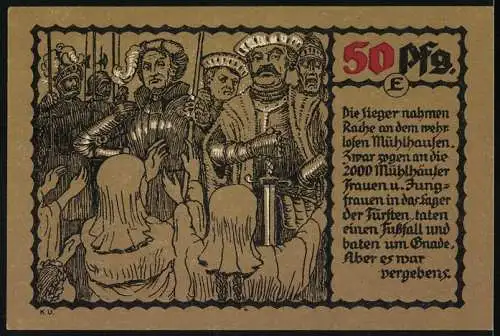 Notgeld Mühlhausen 1921, 50 Pfennig, Bauernkrieg und Belagerungsszene beidseitig