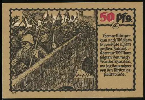 Notgeld Mühlhausen, 1921, 50 Pfennig, Illustration des Bauernkriegs und Thomas Müntzer