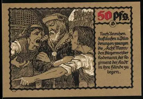 Notgeld Mühlhausen, 1921, 50 Pfennig, Darstellung von Unruhen und Bauernkrieg 1523-1525