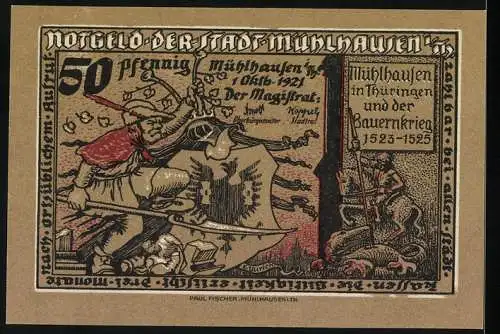 Notgeld Mühlhausen, 1921, 50 Pfennig, Darstellung von Unruhen und Bauernkrieg 1523-1525