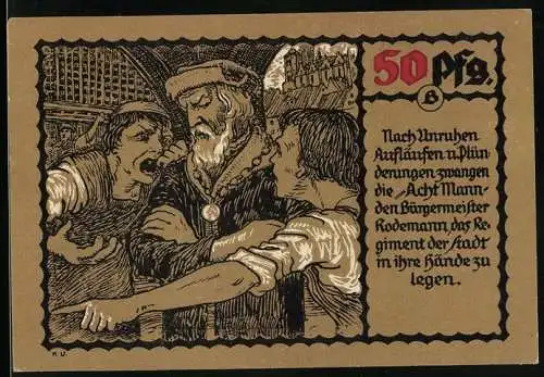 Notgeld Mühlhausen 1921, 50 Pfennig, Bauernkrieg 1523-1525, Magistrat